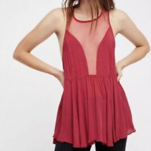 Free People Marble Mesh Red Peplum Tank Top Sz S